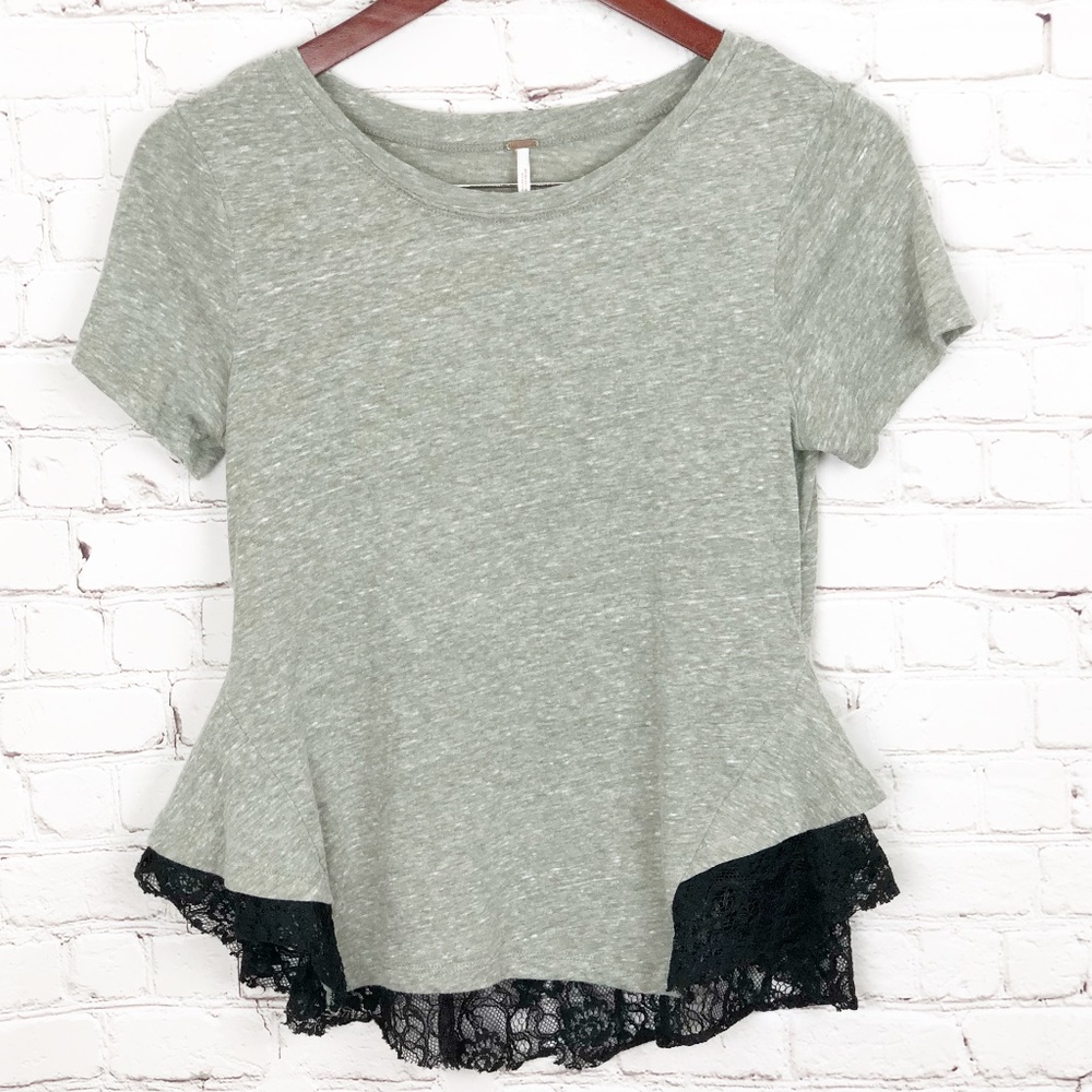 Free People | Gray & Lace Peplum Short Slv Tee | S